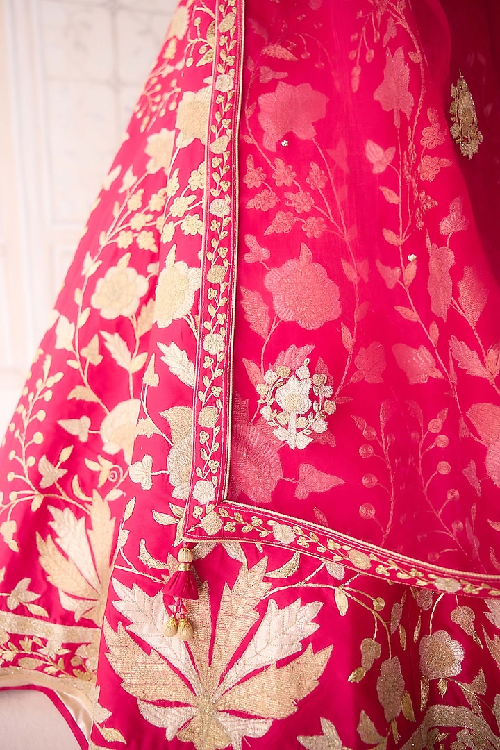 Carmine Rose Pink Raw Silk Applique Embroidered Wedding Lehenga Set by Shyam Narayan Prasad at Pernia's Pop Up Shop