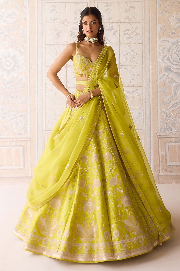 Spring Green Raw Silk Applique & Thread Embroidered Wedding Lehenga Set by Shyam Narayan Prasad at Pernia's Pop Up Shop