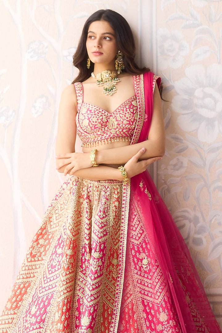 Coral Orange & Pink Raw Silk Dori Embroidered Wedding Lehenga Set by Shyam Narayan Prasad at Pernia's Pop Up Shop