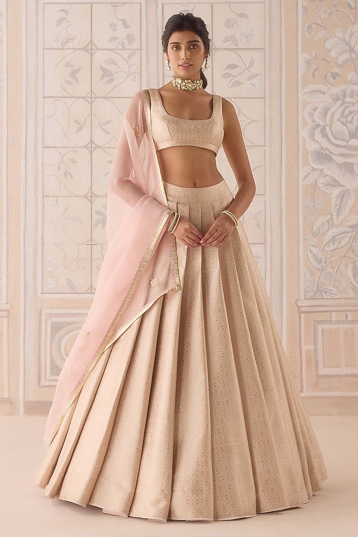 Pearl Pink Brocade Pleated Wedding Lehenga Set by Shyam Narayan Prasad at Pernia's Pop Up Shop