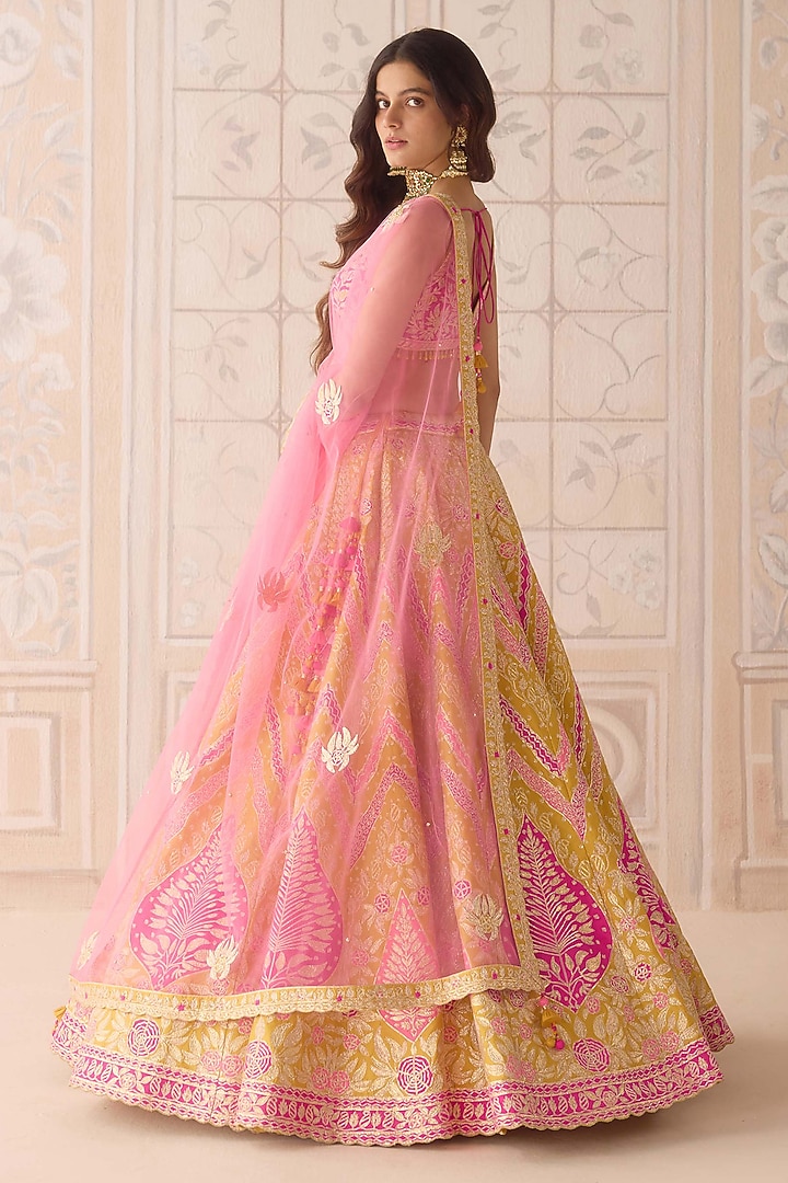 Fressia Yellow Raw Silk Applique & Gota Embroidered Wedding Lehenga Set by Shyam Narayan Prasad at Pernia's Pop Up Shop