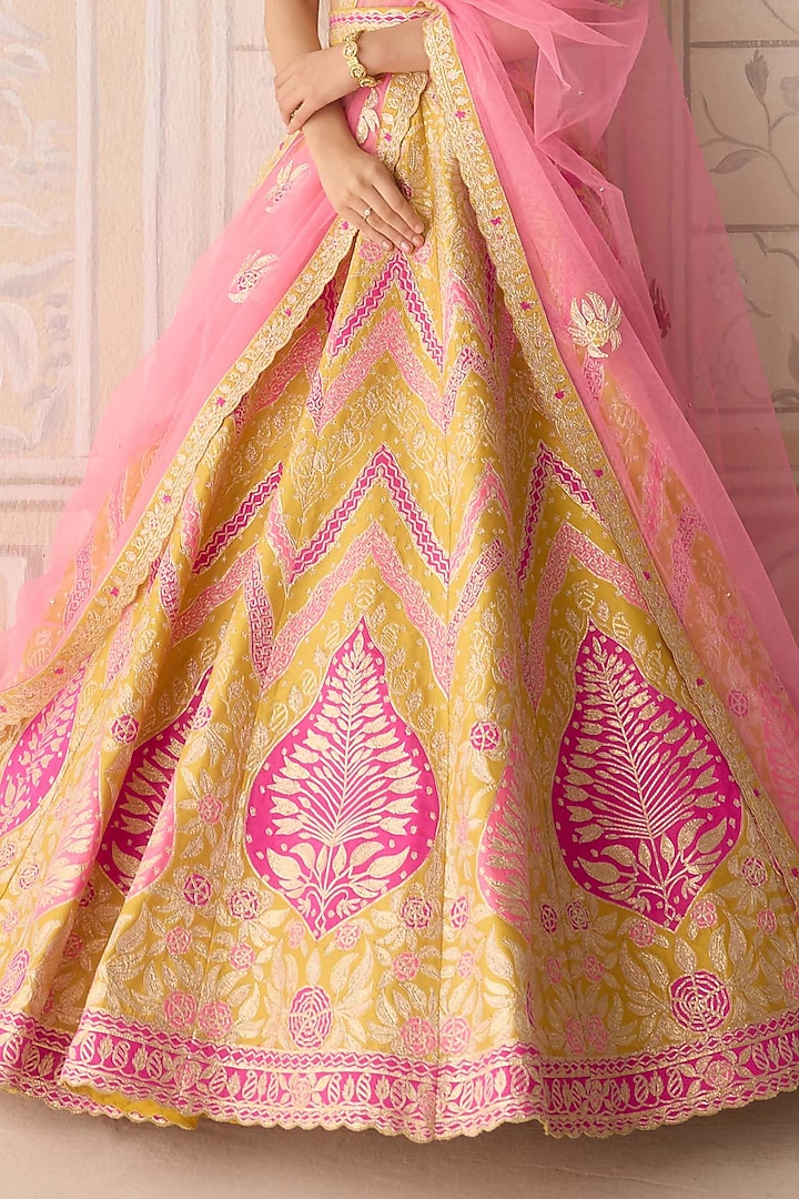 Fressia Yellow Raw Silk Applique & Gota Embroidered Wedding Lehenga Set by Shyam Narayan Prasad at Pernia's Pop Up Shop