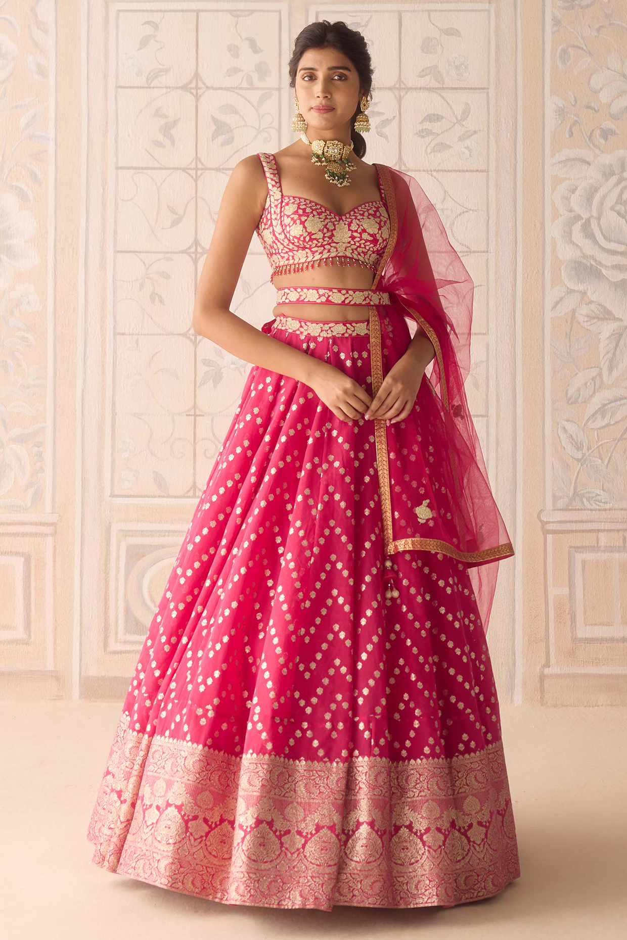 Raspberry Pink Chanderi Jacquard Thread Embroidered Wedding Lehenga Set by Shyam Narayan Prasad at Pernia's Pop Up Shop
