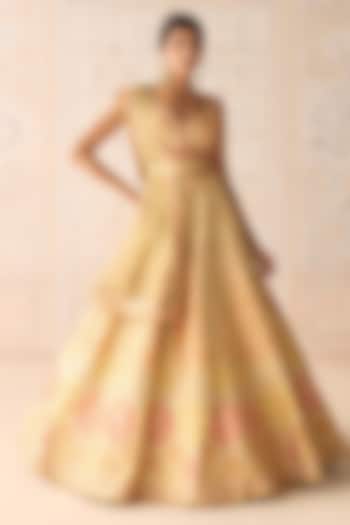 Acacia Yellow Raw Silk Applique & Gota Embroidered Wedding Lehenga Set by Shyam Narayan Prasad at Pernia's Pop Up Shop