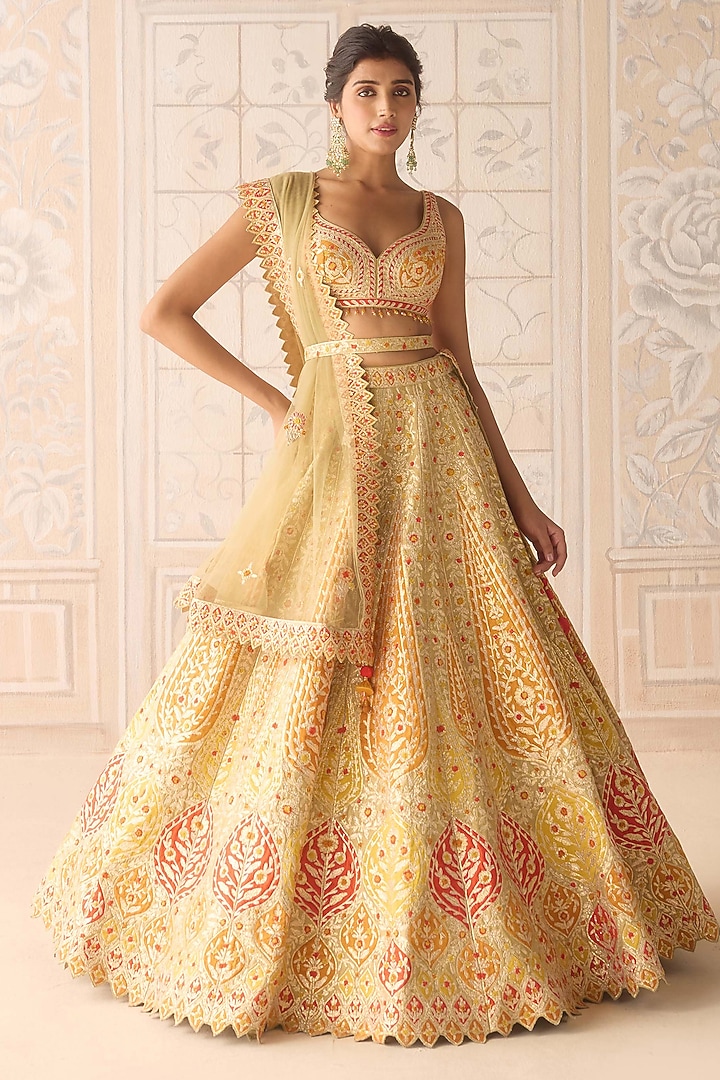 Acacia Yellow Raw Silk Applique & Gota Embroidered Wedding Lehenga Set by Shyam Narayan Prasad at Pernia's Pop Up Shop