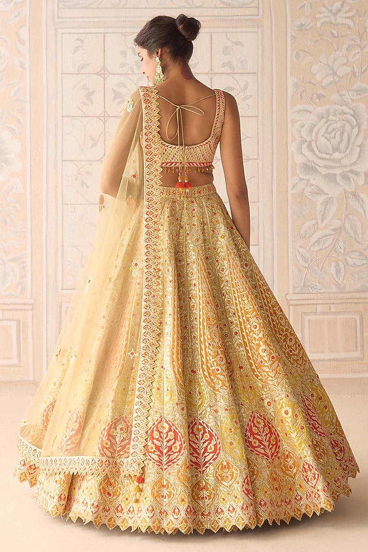 Acacia Yellow Raw Silk Applique & Gota Embroidered Wedding Lehenga Set by Shyam Narayan Prasad at Pernia's Pop Up Shop