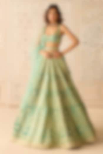 Mist Teal Green Raw Silk Dori Embroidered Wedding Lehenga Set by Shyam Narayan Prasad at Pernia's Pop Up Shop