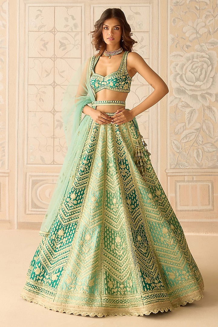 Mist Teal Green Raw Silk Dori Embroidered Wedding Lehenga Set by Shyam Narayan Prasad at Pernia's Pop Up Shop