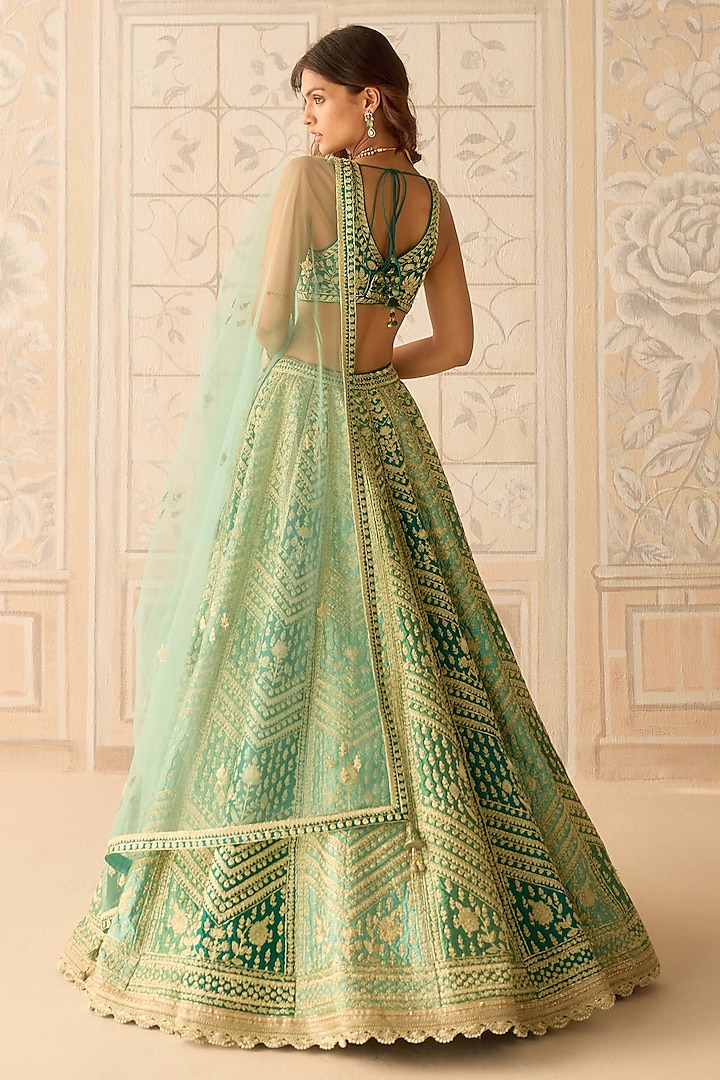 Mist Teal Green Raw Silk Dori Embroidered Wedding Lehenga Set by Shyam Narayan Prasad at Pernia's Pop Up Shop