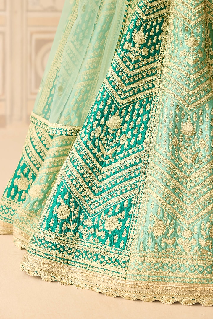 Mist Teal Green Raw Silk Dori Embroidered Wedding Lehenga Set by Shyam Narayan Prasad at Pernia's Pop Up Shop