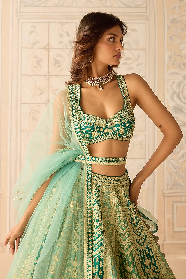 Mist Teal Green Raw Silk Dori Embroidered Wedding Lehenga Set by Shyam Narayan Prasad at Pernia's Pop Up Shop