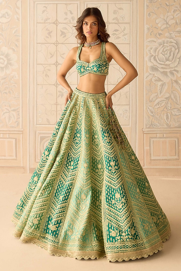 Mist Teal Green Raw Silk Dori Embroidered Wedding Lehenga Set by Shyam Narayan Prasad at Pernia's Pop Up Shop