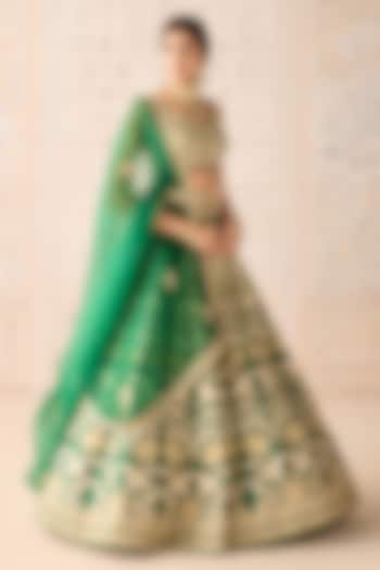 Dark Green Raw Silk Applique Embroidered Wedding Lehenga Set by Shyam Narayan Prasad at Pernia's Pop Up Shop