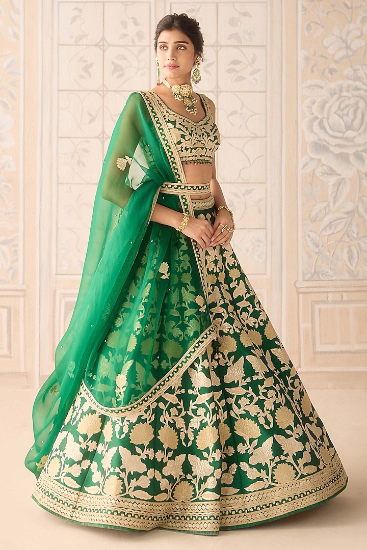 Dark Green Raw Silk Applique Embroidered Wedding Lehenga Set by Shyam Narayan Prasad at Pernia's Pop Up Shop