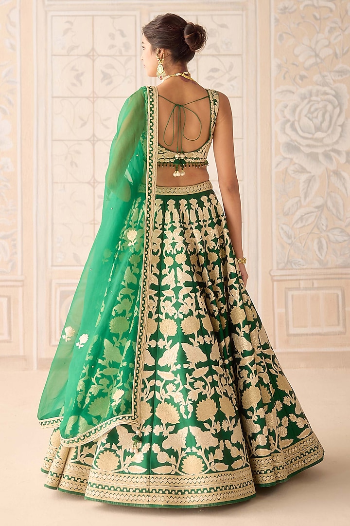 Dark Green Raw Silk Applique Embroidered Wedding Lehenga Set by Shyam Narayan Prasad at Pernia's Pop Up Shop
