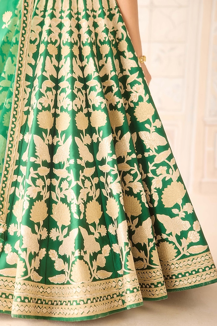 Dark Green Raw Silk Applique Embroidered Wedding Lehenga Set by Shyam Narayan Prasad at Pernia's Pop Up Shop