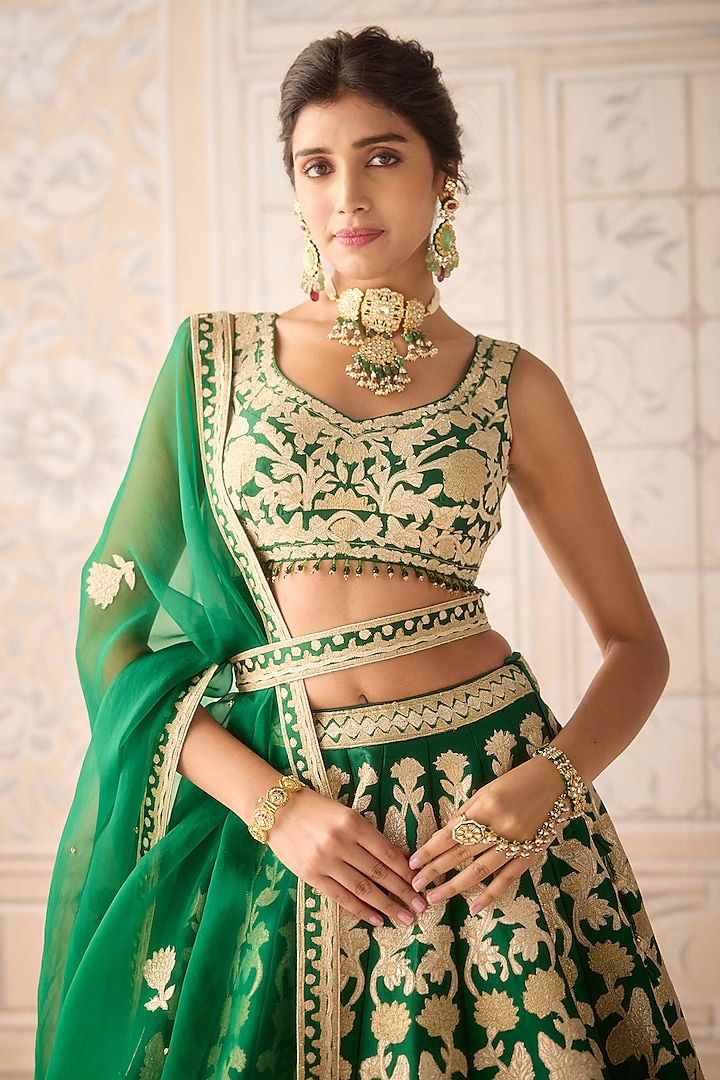 Dark Green Raw Silk Applique Embroidered Wedding Lehenga Set by Shyam Narayan Prasad at Pernia's Pop Up Shop