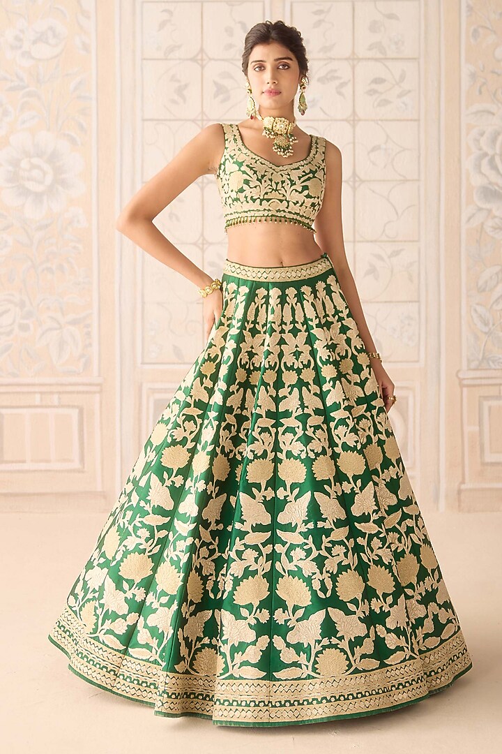 Dark Green Raw Silk Applique Embroidered Wedding Lehenga Set by Shyam Narayan Prasad at Pernia's Pop Up Shop