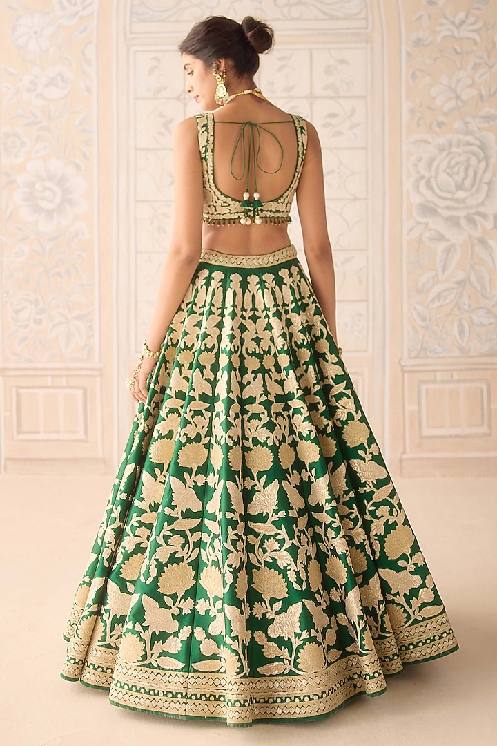 Dark Green Raw Silk Applique Embroidered Wedding Lehenga Set by Shyam Narayan Prasad at Pernia's Pop Up Shop