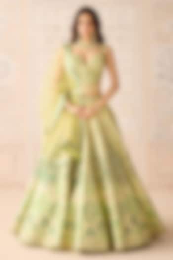Butterfly Green Raw Silk Applique & Gota Embroidered Wedding Lehenga Set by Shyam Narayan Prasad at Pernia's Pop Up Shop