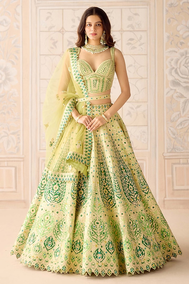 Butterfly Green Raw Silk Applique & Gota Embroidered Wedding Lehenga Set by Shyam Narayan Prasad at Pernia's Pop Up Shop