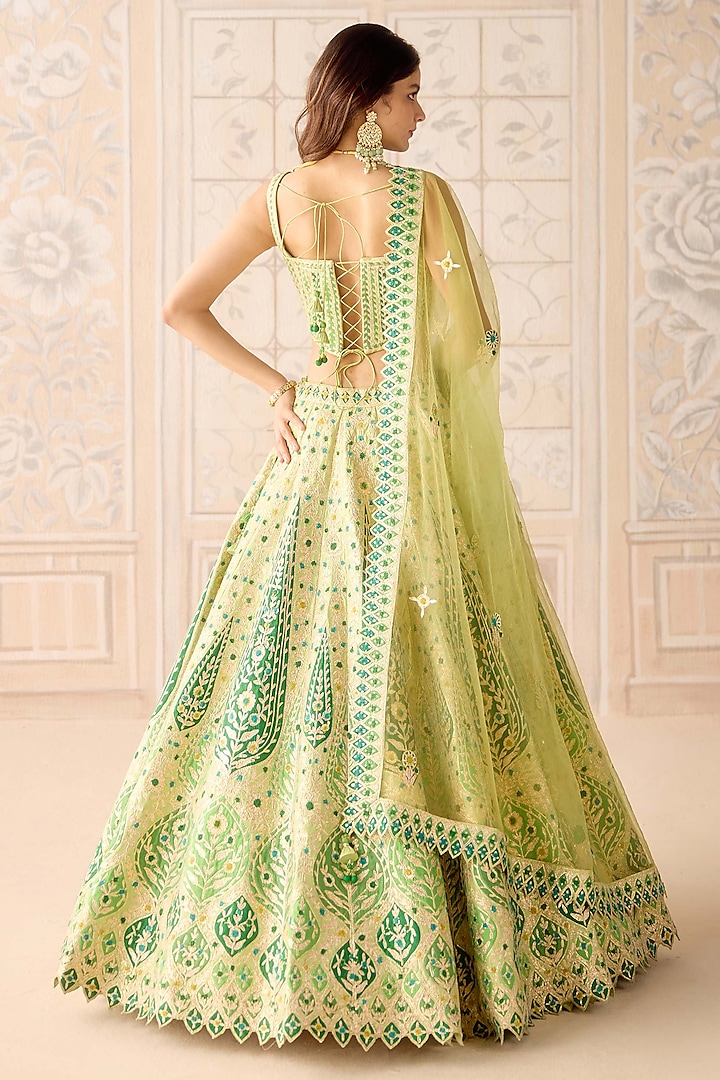 Butterfly Green Raw Silk Applique & Gota Embroidered Wedding Lehenga Set by Shyam Narayan Prasad at Pernia's Pop Up Shop