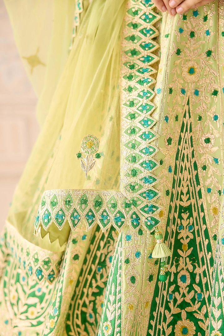 Butterfly Green Raw Silk Applique & Gota Embroidered Wedding Lehenga Set by Shyam Narayan Prasad at Pernia's Pop Up Shop