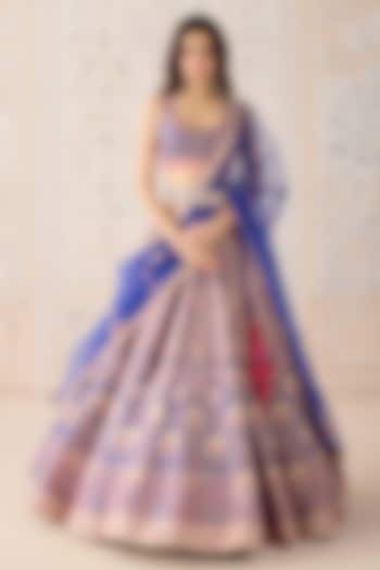 Mazarine Blue Raw Silk Thread & Gota Embroidered Wedding Lehenga Set by Shyam Narayan Prasad at Pernia's Pop Up Shop