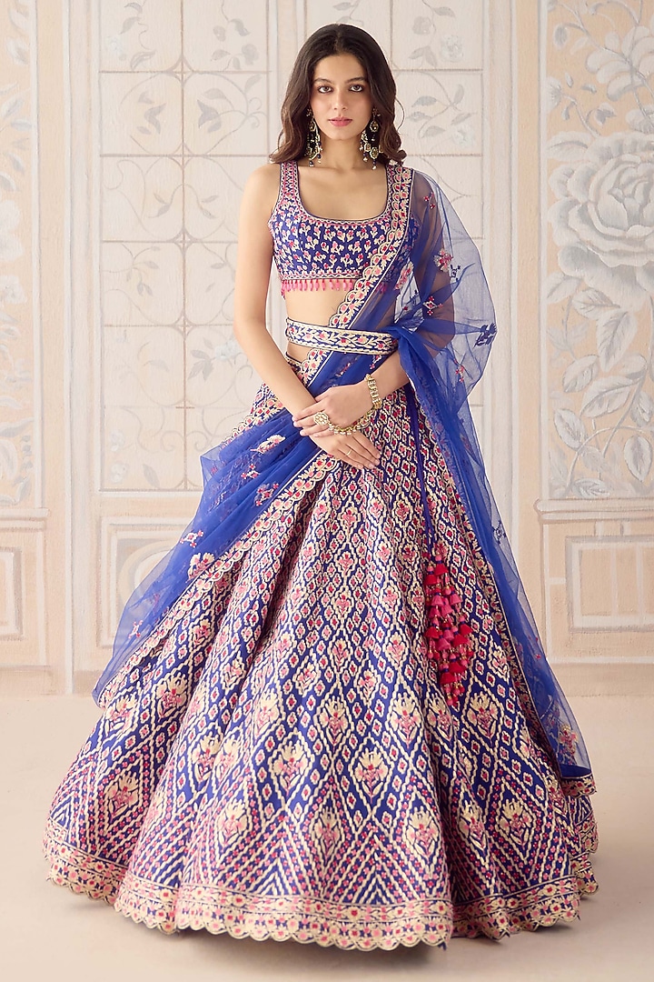 Mazarine Blue Raw Silk Thread & Gota Embroidered Wedding Lehenga Set by Shyam Narayan Prasad at Pernia's Pop Up Shop