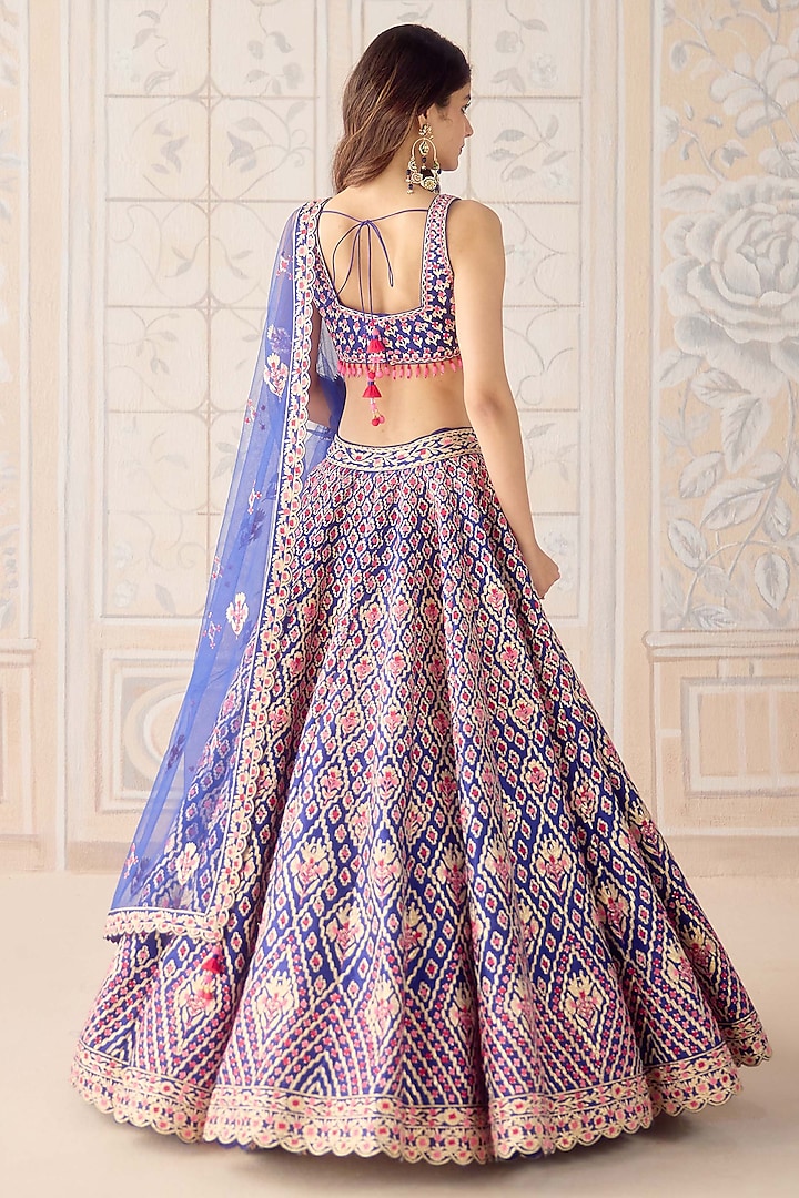Mazarine Blue Raw Silk Thread & Gota Embroidered Wedding Lehenga Set by Shyam Narayan Prasad at Pernia's Pop Up Shop