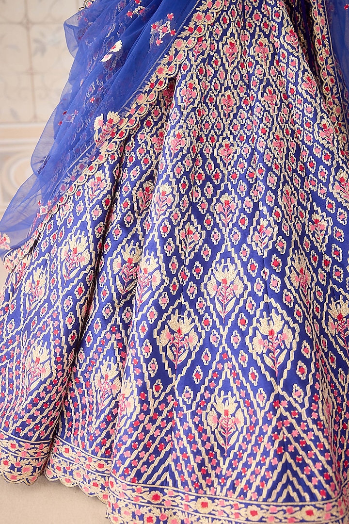 Mazarine Blue Raw Silk Thread & Gota Embroidered Wedding Lehenga Set by Shyam Narayan Prasad at Pernia's Pop Up Shop