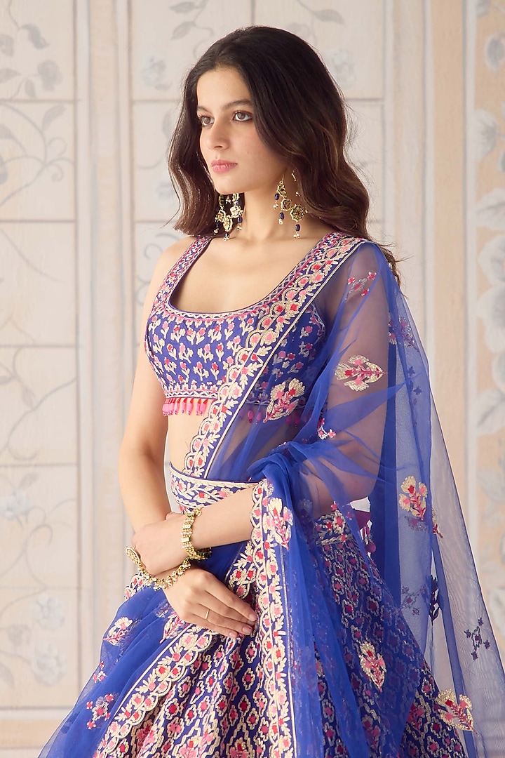 Mazarine Blue Raw Silk Thread & Gota Embroidered Wedding Lehenga Set by Shyam Narayan Prasad at Pernia's Pop Up Shop