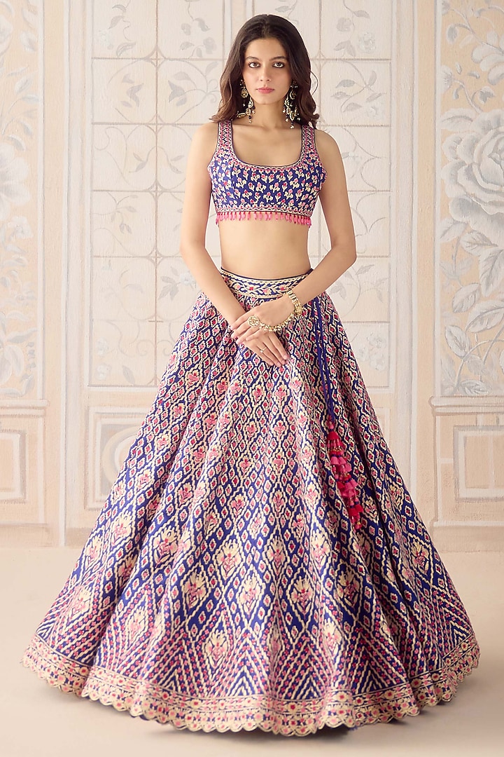 Mazarine Blue Raw Silk Thread & Gota Embroidered Wedding Lehenga Set by Shyam Narayan Prasad at Pernia's Pop Up Shop