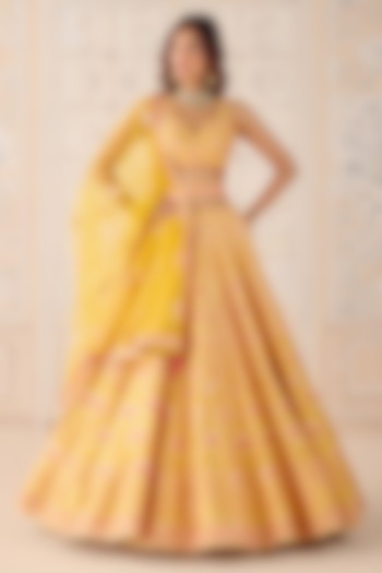 Mustard Yellow Raw Silk Gota & Thread Embroidered Wedding Lehenga Set by Shyam Narayan Prasad at Pernia's Pop Up Shop
