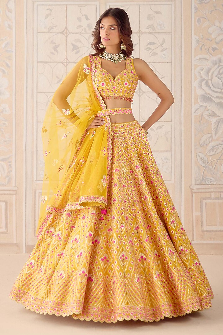 Mustard Yellow Raw Silk Gota & Thread Embroidered Wedding Lehenga Set by Shyam Narayan Prasad at Pernia's Pop Up Shop