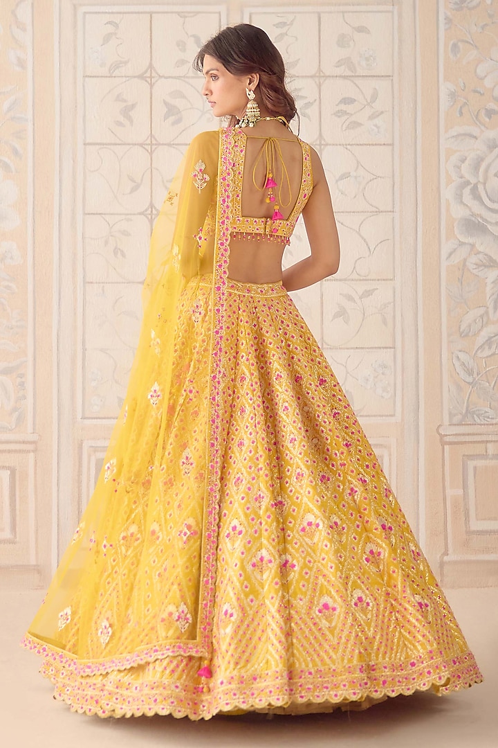 Mustard Yellow Raw Silk Gota & Thread Embroidered Wedding Lehenga Set by Shyam Narayan Prasad at Pernia's Pop Up Shop