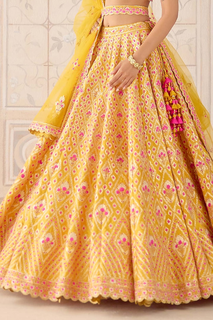 Mustard Yellow Raw Silk Gota & Thread Embroidered Wedding Lehenga Set by Shyam Narayan Prasad at Pernia's Pop Up Shop
