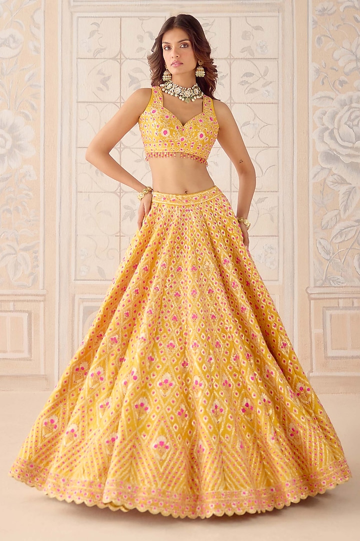 Mustard Yellow Raw Silk Gota & Thread Embroidered Wedding Lehenga Set by Shyam Narayan Prasad at Pernia's Pop Up Shop