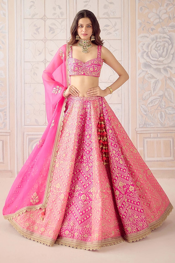 Coral Pink Raw Silk Dori Embroidered Wedding Lehenga Set by Shyam Narayan Prasad at Pernia's Pop Up Shop