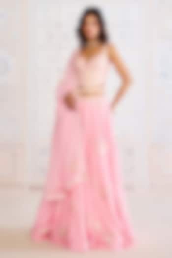 Crystal Rose Pink Brocade Gota Embroidered Wedding Lehenga Set by Shyam Narayan Prasad at Pernia's Pop Up Shop