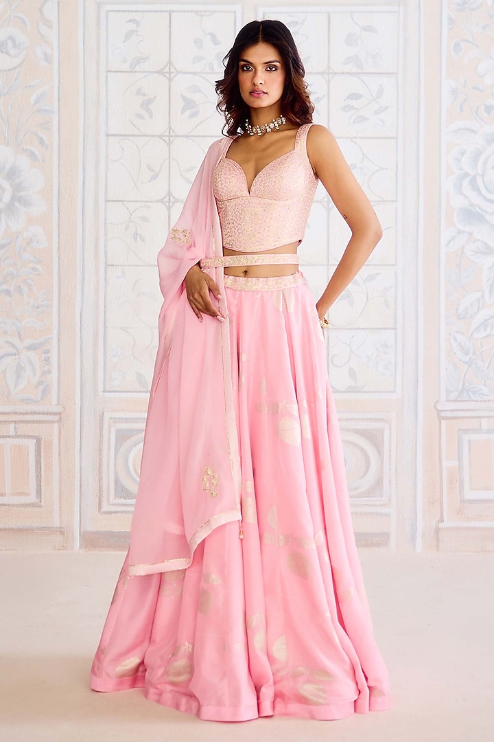 Crystal Rose Pink Brocade Gota Embroidered Wedding Lehenga Set by Shyam Narayan Prasad at Pernia's Pop Up Shop