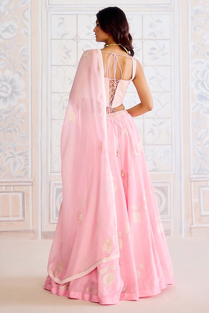Crystal Rose Pink Brocade Gota Embroidered Wedding Lehenga Set by Shyam Narayan Prasad at Pernia's Pop Up Shop