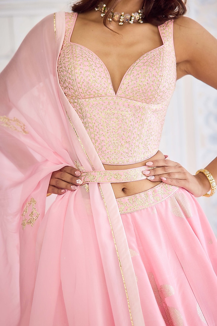 Crystal Rose Pink Brocade Gota Embroidered Wedding Lehenga Set by Shyam Narayan Prasad at Pernia's Pop Up Shop