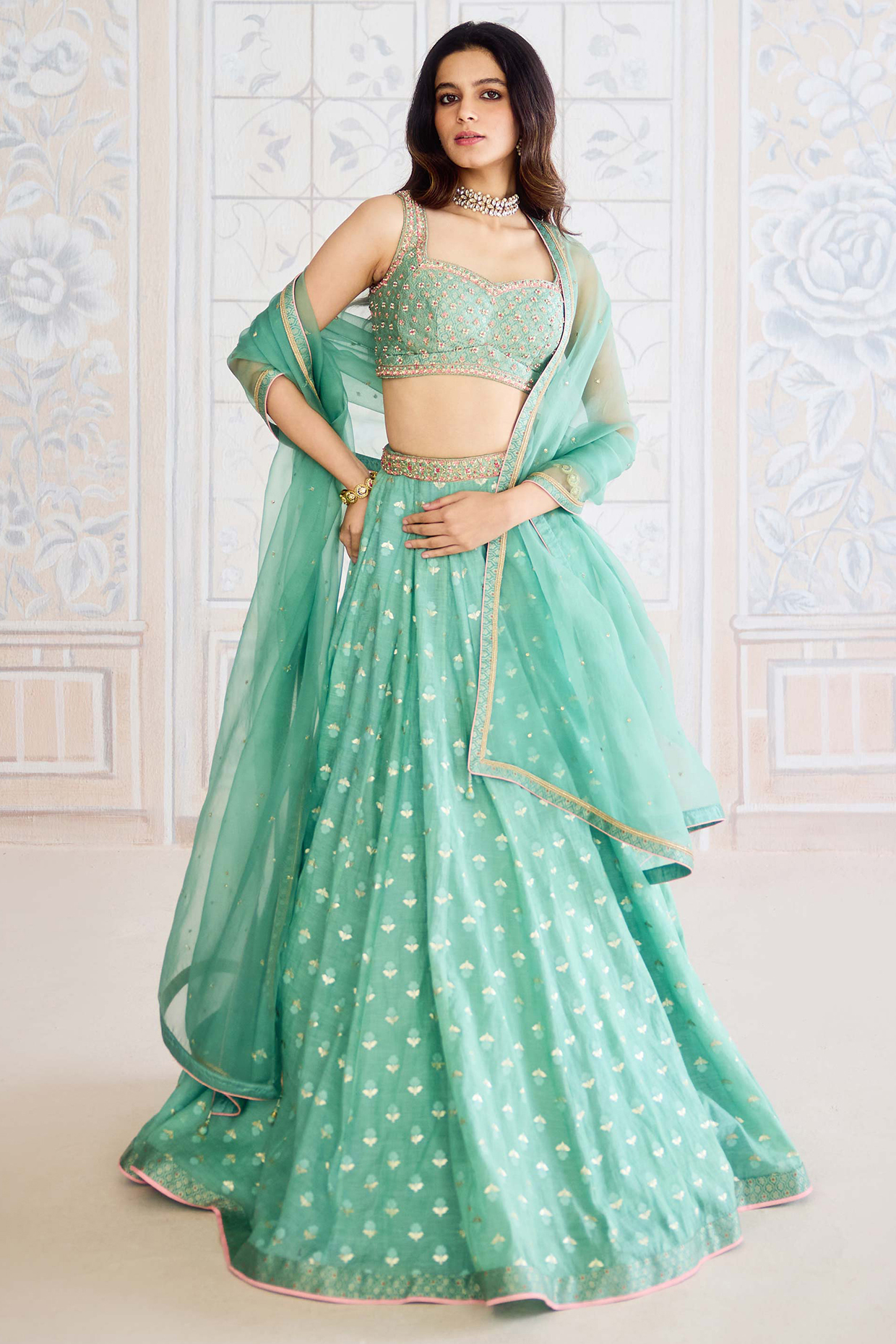 Neptune Green Chanderi Brocade Wedding Lehenga Set by Shyam Narayan Prasad at Pernia's Pop Up Shop