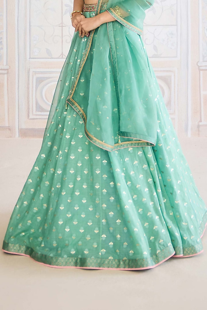 Neptune Green Chanderi Brocade Wedding Lehenga Set by Shyam Narayan Prasad at Pernia's Pop Up Shop