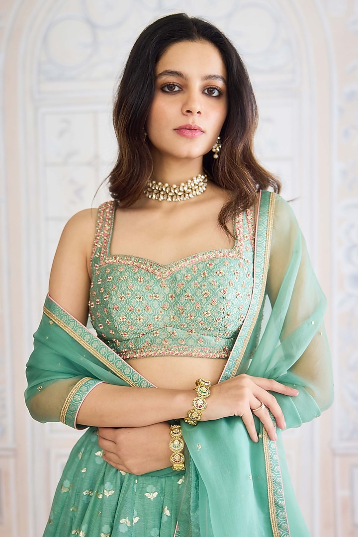 Neptune Green Chanderi Brocade Wedding Lehenga Set by Shyam Narayan Prasad at Pernia's Pop Up Shop