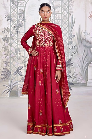 Maroon Dola Silk & Georgette Embroidered Anarkali Set by Shyam Narayan Prasad