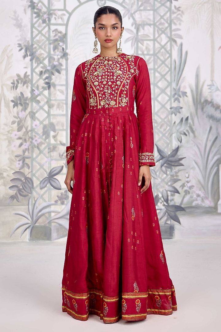 Maroon Dola Silk & Georgette Embroidered Party Wear Anarkali Set by Shyam Narayan Prasad at Pernia's Pop Up Shop