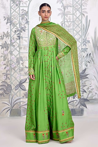 Green Dola Silk & Georgette Embroidered Anarkali Set by Shyam Narayan Prasad