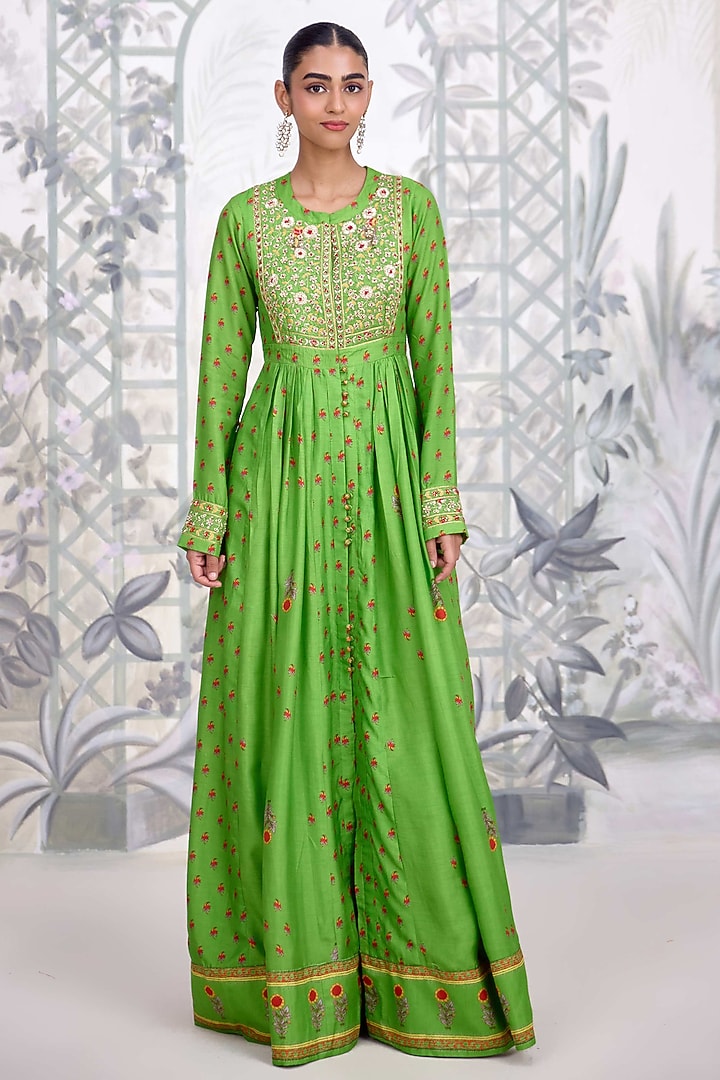 Green Dola Silk & Georgette Embroidered Party Wear Anarkali Set by Shyam Narayan Prasad at Pernia's Pop Up Shop